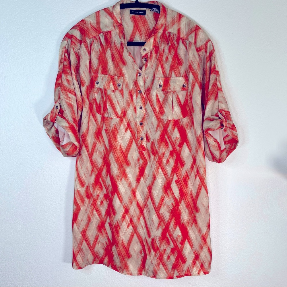 New York & Co extra long short sleeve blouse top cuffed sleeve button half front